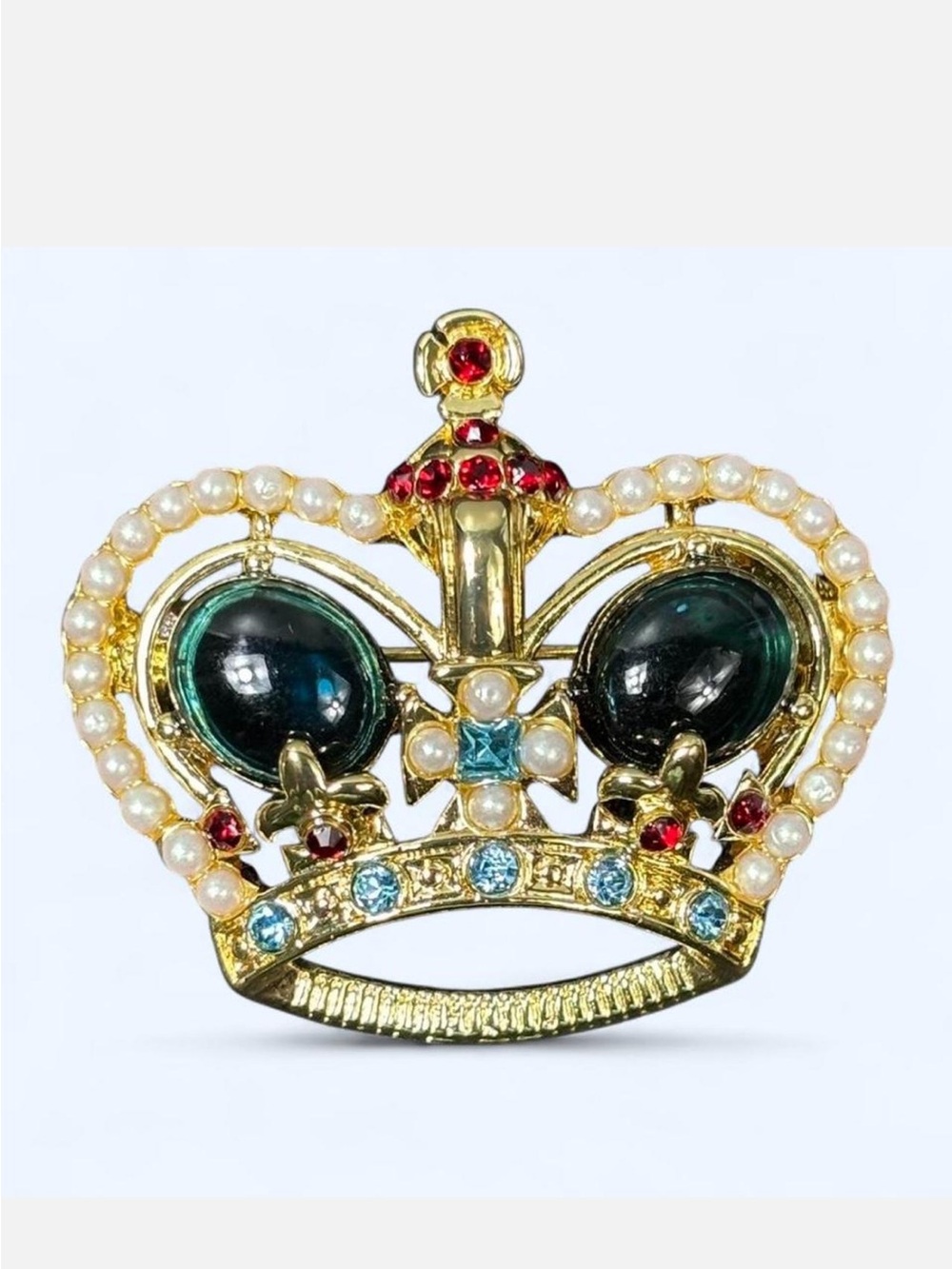 Vintage Crown Brooch Multcolor Jewel tone Cabochon Faux Pearls 1.5" Wide